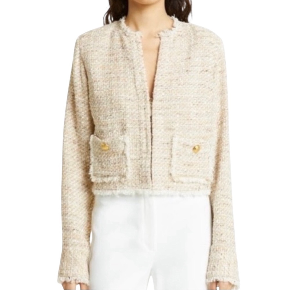 Ramy Brook Diaz Cotton Tweed Collarless Crew Neck Fringe Trim Lady Jacket